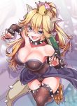  :d armpits bare_shoulders black_leotard blonde_hair blue_eyes bowsette breasts cleavage commentary_request crown dress fang fingernails fishnet_legwear fishnets konnyaku_(kk-monmon) large_breasts leotard mario_(series) new_super_mario_bros._u_deluxe open_mouth ponytail sarong sharp_fingernails shell sleeveless smile solo spikes strapless super_crown tail teeth thighhighs wind wind_lift 