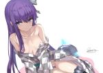  areola_slip areolae bare_shoulders blush breasts cleavage crotch_plate fate/extra fate/extra_ccc fate_(series) greaves kesoshirou long_hair meltlilith off_shoulder purple_eyes purple_hair sitting small_breasts solo yokozuwari 