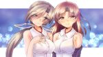  armpit_crease bare_shoulders blouse blurry blush bokeh breasts brown_eyes brown_hair chitose_(kantai_collection) chiyoda_(kantai_collection) closed_mouth collarbone collared_blouse commentary_request depth_of_field eyebrows_visible_through_hair eyes_visible_through_hair hair_ribbon half-closed_eyes head_tilt headband kantai_collection large_breasts long_hair looking_at_viewer multiple_girls oekaki_lemon off_shoulder outside_border ponytail ribbon short_hair sleeveless_blouse smile sparkle upper_body white_blouse white_ribbon 