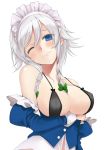  ;) arm_under_breasts bangs bare_shoulders black_bra blue_eyes blue_shirt blush bow bra braid breasts collarbone commentary_request covered_nipples eyebrows_visible_through_hair green_bow hair_between_eyes hair_bow head_tilt izayoi_sakuya juliet_sleeves large_breasts lips long_sleeves looking_at_viewer maid maid_headdress off_shoulder one_eye_closed puffy_sleeves shirt short_hair silver_hair smile solo touhou transparent_background twin_braids underwear upper_body utakata_(kochou_no_yume) white_shirt 
