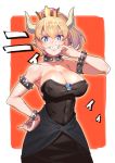  absurdres bare_shoulders black_dress blonde_hair blue_eyes bowsette bracelet breasts cleavage collar commentary_request covered_navel covered_nipples crown dress hand_on_hip highres horns jewelry large_breasts looking_at_viewer mario_(series) mouth_pull new_super_mario_bros._u_deluxe sharp_teeth solo spiked_bracelet spiked_collar spikes super_crown teeth tometoku upper_body 