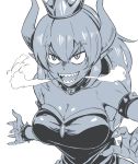  armlet bare_shoulders bowsette bracelet breasts breath breathing_fire cleavage collar commentary_request crown dress earrings fire greyscale highres horns jewelry long_hair looking_at_viewer mario_(series) monochrome new_super_mario_bros._u_deluxe pointy_ears sharp_teeth simple_background spiked_armlet spiked_bracelet spiked_collar spikes strapless strapless_dress super_crown super_mario_bros. teeth tyotyotyori white_background 