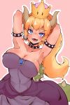  absurdres armlet armpits arms_behind_head arms_up bare_shoulders blonde_hair blue_eyes blush bowsette breasts cleavage collar collarbone commentary_request covered_navel covered_nipples crown dress earrings eyebrows eyebrows_visible_through_hair fangs highres horns jewelry large_breasts lizard_tail long_hair looking_at_viewer mario_(series) new_super_mario_bros._u_deluxe okuva open_mouth outline pink_background pointy_ears purple_dress sharp_teeth smile spiked_armlet spiked_collar spikes strapless strapless_dress super_crown super_mario_bros. tail teeth turtle_shell 