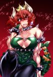  abs bare_shoulders biceps borrowed_design bowsette bracelet breasts chiba_toshirou choker cleavage cleavage_cutout collarbone commentary_request covered_mouth crown horns jewelry large_breasts looking_at_viewer mario_(series) mini_crown muscle muscular_female new_super_mario_bros._u_deluxe sharp_teeth sparkle spiked_armlet spiked_bracelet spiked_choker spiked_tail spikes super_crown super_mario_bros. tail teeth thick_eyebrows 