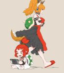  apron bandana black_dress blonde_hair bowsette bowsette_jr. child commentary_request crown dress earrings fang horns jewelry mario_(series) mother_and_daughter multiple_girls new_super_mario_bros._u_deluxe nintendo_switch playing_games pointy_ears red_eyes red_hair shell short_ponytail slippers super_crown super_mario_bros. tetuhei transformation 
