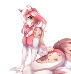  2018 5_fingers abs anthro bra breasts canine clothed clothing digital_media_(artwork) dog eyebrows female hair kristiana_puff mammal navel panties pink_hair purple_eyes seductive simple_background smile solo thin_waist underwear white_background 