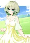  blue_sky blush breasts cleavage cloud commentary_request day dress eyebrows_visible_through_hair field grass green_eyes green_hair hair_between_eyes highres holding_dress idolmaster idolmaster_cinderella_girls light_blush medium_breasts mole mole_under_eye short_hair shoulder_cutout sky smile solo takagaki_kaede wonderful_magic yuu_(oosakazaijyuu) 