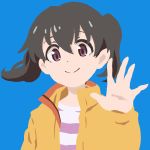  black_hair blue_background closed_mouth ears eyebrows hand_up jacket kuraue_hinata leedoppo looking_at_viewer orange_jacket purple_eyes shirt short_hair simple_background smile solo twintails upper_body yama_no_susume 