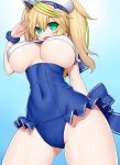  :d aqua_eyes asamura_hiori ass_visible_through_thighs beret blonde_hair blue_background blue_swimsuit blush breasts covered_navel fang from_below gene_(pso2) hat highres large_breasts long_hair looking_at_viewer open_mouth phantasy_star phantasy_star_online_2 salute scrunchie simple_background smile solo standing swimsuit thighs twintails underboob white_hat wrist_scrunchie 