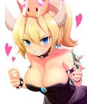  bare_shoulders black_dress blonde_hair blue_eyes blush bowsette breasts collarbone commentary_request covered_navel crown dress earrings heart highres horns jewelry large_breasts leaning_forward mario_(series) new_super_mario_bros._u_deluxe pointy_ears ponytail sharp_teeth simple_background sleeveless sleeveless_dress smile solo spike spikes strapless strapless_dress super_crown teeth watarui white_background 