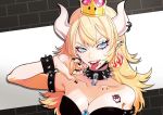  black_dress black_nails blonde_hair blue_eyes bowsette bracelet breasts cleavage collar collarbone commentary_request crown dress earrings eyelashes fangs fingernails gem hand_up horn_ornament horn_ring horns jewelry long_hair looking_at_viewer mario_(series) nail_polish new_super_mario_bros._u_deluxe piercing pointy_ears puppeteer7777 spiked_bracelet spiked_collar spikes strapless strapless_dress super_crown super_mario_bros. tattoo tongue tongue_out upper_body 