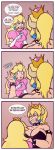  3koma angry armlet bare_shoulders batman_(series) black_nails blonde_hair blue_eyes bowsette bracelet captain_jerkpants collar collarbone comic commentary constricted_pupils crown dress earrings elbow_gloves english face-to-face fingernails gloves grin half-closed_eyes hand_on_another's_shoulder hand_up height_difference highres horns jewelry long_hair looking_at_another mario_(series) multiple_girls nail_polish new_super_mario_bros._u_deluxe open_mouth parody pink_dress pointing ponytail princess_peach puffy_short_sleeves puffy_sleeves sharp_fingernails sharp_teeth short_sleeves simple_background smile sound_effects spiked_armlet spiked_bracelet spiked_collar spikes strapless super_crown super_mario_bros. teeth the_dark_knight_rises upper_body wide-eyed 