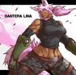  animal_humanoid athletic breasts brown_skin camo canine cargo_pants cigarette clothed clothing crop_top cybernetics cyborg dantera_rina female fluffy fluffy_tail glowing glowing_eyes hair humanoid hutago inner_ear_fluff machine mammal midriff navel pants pink_eyes pink_hair ponytail shirt short_hair solo text wolf_humanoid 