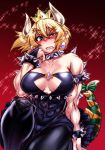  abs bare_shoulders biceps borrowed_design bowsette bracelet breasts chiba_toshirou choker cleavage cleavage_cutout collarbone commentary_request covered_mouth crown horns jewelry large_breasts looking_at_viewer mario_(series) mini_crown muscle muscular_female new_super_mario_bros._u_deluxe sharp_teeth sparkle spiked_armlet spiked_bracelet spiked_choker spiked_tail spikes super_crown super_mario_bros. tail teeth thick_eyebrows 