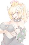  :d bare_shoulders black_dress blonde_hair blue_eyes blush bowsette bracelet breasts collar commentary_request crossed_arms crown dress fang horns jewelry large_breasts looking_at_viewer mario_(series) mobu new_super_mario_bros._u_deluxe open_mouth ponytail sharp_teeth smile spiked_bracelet spiked_collar spikes super_crown super_mario_bros. teeth turtle_shell v-shaped_eyebrows 