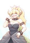  :d bare_shoulders black_dress blonde_hair blue_eyes bowsette bracelet breasts cleavage covering_mouth crown dress earrings fang fingernails grin hand_over_own_mouth hand_up horns jewelry large_breasts looking_at_viewer lutherniel mario_(series) new_super_mario_bros._u_deluxe open_mouth pointy_ears sharp_fingernails shell signature slit_pupils smile smug solo spiked_bracelet spikes strapless strapless_dress super_crown 