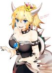  :d bangs banned_artist bare_shoulders black_dress black_nails blonde_hair blue_eyes bowsette bracelet breasts cleavage collar commentary_request crown dress earrings english fingernails hair_between_eyes highres horns jewelry large_breasts long_hair looking_at_viewer mario_(series) mini_crown nail_polish new_super_mario_bros._u_deluxe open_mouth ponytail sharp_teeth simple_background smile solo spiked_bracelet spiked_collar spiked_shell spikes strapless strapless_dress super_crown teeth tetsubuta turtle_shell twitter_username v-shaped_eyebrows white_background 
