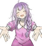  1girl ahoge bandage bandaged_head bandaged_leg bandaged_neck bandages blush braid earrings eyes_closed happy_sugar_life imori_neko jewelry long_hair looking_at_viewer open_mouth outstretched_arms pajamas purple_hair reaching_out satou&#039;s_aunt smile solo 