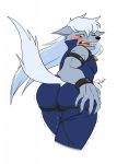  2018 anthro bibarel_rei blue_eyes blush butt canine claws clothed clothing digital_media_(artwork) fangs fully_clothed fur grey_fur hair hand_on_butt long_hair looking_at_butt looking_at_self male mammal omorashi open_mouth peeing pretty_cure shaking signature simple_background solo standing sweat tears teeth tongue trembling urine wetting white_background white_hair wolf wolfrun 