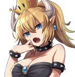  bad_id bad_twitter_id blonde_hair blue_eyes bowsette breasts cleavage commentary_request crown fang horns kozakura_(dictionary) large_breasts mario_(series) new_super_mario_bros._u_deluxe open_mouth pointy_ears ponytail simple_background solo super_crown upper_body white_background 