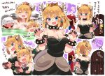  2girls armlet bare_shoulders bathing black_dress black_nails blonde_hair blue_eyes blush bouquet bowsette bowsette_jr. bracelet breasts claw_pose collar collarbone commentary_request crown door dress earrings facial_hair flower goomba hat highres horns jewelry joy-con koopa_troopa large_breasts mario mario_(series) mask mother_and_daughter multiple_girls mustache nail_polish new_super_mario_bros._u_deluxe nude piranha_plant pointy_ears ponytail princess red_hat sapphire_(stone) sharp_teeth shy_guy silver_trim spiked_armlet spiked_bracelet spiked_collar spiked_shell spikes strapless strapless_dress super_crown super_mario_bros. suzuki_toto teeth translated turtle_shell 