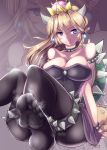 anklet bad_anatomy bare_shoulders black_legwear blonde_hair blue_earrings blue_eyes bowsette bracelet breasts cleavage collar commentary_request crown dress earrings feet highres horns jewelry looking_at_viewer mario_(series) new_super_mario_bros._u_deluxe nyx_(mebius_no_wa) pantyhose pointy_ears ponytail pov_feet slit_pupils smile soles solo spiked_anklet spiked_armlet spiked_bracelet spiked_collar spiked_shell spiked_thighlet spikes steaming_body super_crown thighhighs thighlet toes turtle_shell zoom_layer 