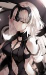  artist_name bangs bare_shoulders black_dress black_feathers black_gloves breasts brown_eyes chain closed_mouth dress elbow_gloves eyebrows_visible_through_hair fate/grand_order fate_(series) feathers fur-trimmed_gloves fur_trim gloves headpiece highres jeanne_d'arc_(alter)_(fate) jeanne_d'arc_(fate)_(all) long_hair looking_away medium_breasts navel navel_cutout niii_(memstapak) signature sleeveless sleeveless_dress solo very_long_hair white_feathers white_hair 