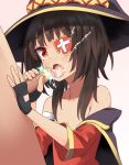  asterisk_(artist) black_hair blush cape censored cum cum_in_mouth dress eyepatch fellatio fingerless_gloves gloves handjob hat kono_subarashii_sekai_ni_shukufuku_wo! looking_at_viewer megumin open_mouth oral penis red_eyes short_hair solo witch_hat 