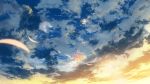  blue_sky blurry blurry_foreground cloud cloudy_sky depth_of_field flying highres light_rays original outdoors outstretched_arms scenery sky solo spread_arms sunset y_y_(ysk_ygc) 