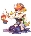  1girl bare_shoulders black_legwear black_leotard blonde_hair blue_eyes borrowed_design bound bowsette bracelet breasts breathing_fire candle cleavage collar commentary_request covered_navel crown earrings facial_hair fangs fire gagged highres horns jewelry large_breasts leotard looking_at_viewer mario mario_(series) multicolored_hair mustache new_super_mario_bros._u_deluxe orange_hair overalls pointy_ears ponytail seiza sharp_nails sharp_teeth shell sitting spiked_bracelet spiked_collar spikes super_crown super_mario_bros. take_(jery_lim97) teeth thighhighs tied_up two-tone_hair white_background 