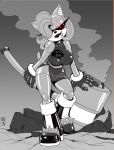  2018 alternate_species amy_rose anthro big_breasts boots breasts clothed clothing dress eyewear female footwear fully_clothed gloves greyscale hair hair_over_eye hammer hedgehog hi_res holding_object looking_at_viewer machine mammal max_blackrabbit monochrome piko_piko_hammer robot roboticized simple_background smile solo sonic_(series) spot_color standing sunglasses tools 