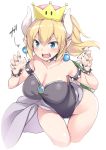  akizora_momiji bare_shoulders blonde_hair blue_eyes blush bowsette bracelet breasts claw_pose cleavage collar commentary_request crown dress earrings hands_up highres horns jewelry large_breasts long_hair looking_at_viewer mario_(series) nail_polish new_super_mario_bros._u_deluxe open_mouth pointy_ears ponytail sharp_teeth simple_background solo spiked_bracelet spiked_collar spikes super_crown teeth white_background 