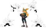  2018 angela_cross annoyed big_breasts breast_expansion breasts chibi clothed clothing feline female fur humor jumping larger_female lombax male mammal ponytail ratchet ratchet_and_clank size_difference smaller_male smile standing striped_fur stripes suit teeth video_games whiteraff 