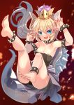  :d arm_up ass bangs barefoot black_legwear blonde_hair blue_eyes blurry blurry_background blush bowsette bracelet breasts claw_pose cleavage collar collarbone commentary_request crown depth_of_field eyebrows_visible_through_hair fangs feet fingernails hair_between_eyes hand_up highres horns jewelry leotard long_hair mario_(series) medium_breasts mini_crown new_super_mario_bros._u_deluxe open_mouth smile solo spiked_bracelet spiked_collar spiked_tail spikes strapless strapless_leotard super_crown tail toenails v-shaped_eyebrows very_long_hair watermark web_address xephonia 