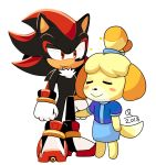  2018 animal_crossing anthro barefoot blush canine clothed clothing cosplay crossover cute dog eyes_closed featureless_crotch female fist floppy_ears footwear fur gloves hand_holding hedgehog isabelle_(animal_crossing) male mammal maria_robotnik nintendo quark19601 quills shadow_the_hedgehog shih_tzu shirt shoes size_difference skirt smile sonic_(series) standing video_games 