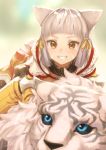  absurdres animal_ears bangs blunt_bangs blurry blurry_background bodysuit brown_eyes byakko_(xenoblade) cat_ears depth_of_field grin hair_ribbon highres kawakami_rokkaku looking_at_viewer niyah ribbon silver_hair smile solo tiger xenoblade_(series) xenoblade_2 yellow_bodysuit yellow_ribbon 