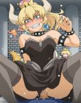  2girls assertive black_panties blonde_hair blue_eyes bowsette breasts brick_wall censored cleavage clothed_sex clothing_aside commentary_request crown dress earrings fingernails half-closed_eyes hetero horns jealous jewelry looking_at_viewer mario mario_(series) mosaic_censoring multiple_girls new_super_mario_bros._u_deluxe oekaki panties panties_aside penis pov princess_peach sex sharp_fingernails sharp_teeth skirt smile super_crown super_mario_bros. sweat teeth thighhighs tomu_(tomubobu) underwear vaginal 