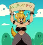  2018 animal_humanoid armpit_fetish blonde_hair blue_eyes bowser bowsette_meme bracelet breasts clothed clothing collar crossgender crown ear_piercing female hair horn humanoid jewelry koopa koopahime lilmoonie looking_at_viewer mario_bros nintendo open_mouth piercing scalie sign solo spiked_bracelet spiked_collar spikes steam super_crown sweat video_games 