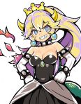  bare_shoulders blonde_hair blue_eyes bowsette bracelet breasts collar commentary_request crown dress horns jewelry looking_at_viewer mario_(series) new_super_mario_bros._u_deluxe ponytail shunin solo spiked_bracelet spiked_collar spikes super_crown 