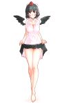  bangs bare_legs barefoot black_choker black_hair black_ribbon black_skirt black_wings blush breasts brown_eyes choker cleavage collarbone commentary_request eyebrows_visible_through_hair feathered_wings full_body hat highres large_breasts lifted_by_self long_legs looking_at_viewer miniskirt non_(z-art) petticoat pom_pom_(clothes) ribbon ribbon_choker shadow shameimaru_aya shirt short_hair short_sleeves simple_background skirt skirt_lift solo standing thighs tokin_hat touhou white_background white_shirt wing_collar wings 