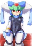  1girl android breasts capcom female green_hair hand_on_knee helmet isitubute pandora_(rockman) red_eyes rockman rockman_zx simple_background sitting slingshot_swimsuit small_breasts solo string_bikini swimsuit white_background 