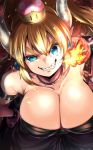  bare_arms black_dress blonde_hair blue_earrings blue_eyes bowsette breasts breathing_fire cleavage collar collarbone commentary_request crown dress fire from_above grin hand_on_hip horns large_breasts looking_at_viewer mario_(series) new_super_mario_bros._u_deluxe red_background sharp_teeth smile solo spiked_armlet spiked_collar spikes super_crown teeth upper_body youmou_usagi 