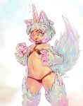  animal_humanoid big_hands blush claws clothed clothing fangs female flat_chested fluffy fox_tail fur grey_fur grey_hair hair horn humanoid invalid_tag monster_girl_(genre) open_mouth panken panties simple_background skimpy smile solo standing underwear 