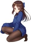  black_neckwear blue_bow blue_jacket bow brown_eyes brown_hair brown_legwear closed_mouth commentary_request eyebrows_visible_through_hair from_side full_body hair_bow half_updo highres idolmaster idolmaster_cinderella_girls jacket kneeling long_hair long_sleeves looking_at_viewer necktie no_shoes oversized_clothes pantyhose rangen shiny shiny_hair simple_background sleeves_past_wrists solo tachibana_arisu white_background 