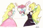  :d ^_^ bangs black_dress blonde_hair bouquet bowsette bracelet closed_eyes collar crown dress earrings elbow_gloves eyebrows_visible_through_hair facing_another flower gloves grey_background hair_between_eyes holding holding_bouquet horns jewelry long_hair looking_at_another mario_(series) mini_crown multiple_girls new_super_mario_bros._u_deluxe open_mouth parted_lips photo pink_dress pink_flower pink_rose ponytail princess_peach profile puffy_short_sleeves puffy_sleeves rose sharp_teeth short_sleeves signature smile sofra spiked_bracelet spiked_collar spikes super_crown super_mario_bros. teeth traditional_media very_long_hair white_gloves 