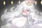  akane846 blush breasts candle cleavage covering_eyes crown ear_blush fire gloves highres huge_breasts long_hair looking_at_viewer luigi's_mansion mario_(series) new_super_mario_bros._u_deluxe open_mouth peeking_through_fingers pointy_ears princess_king_boo sharp_teeth short_sleeves solo super_crown super_mario_bros. teeth white white_gloves white_hair white_skin 