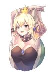  armpits arms_up bangs bare_shoulders black_dress blonde_hair bowsette breasts cleavage collar collarbone commentary_request crown dress earrings eyebrows_visible_through_hair grey_eyes hair_between_eyes highres horns jewelry lee_seok_ho mario_(series) medium_breasts mini_crown new_super_mario_bros._u_deluxe pointy_ears signature simple_background solo spiked_collar spikes strapless strapless_dress super_crown turtle_shell white_background 