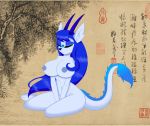  anthro big_breasts blue_hair breasts cocaine-leopard content dragon eastern_dragon eyes_closed eyeshadow fan_character female hair horn long_hair makeup nipples sitting solo 
