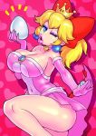  birdo bow breasts choker cleavage crown diamond_ring dress egg eyeshadow hair_bow heart heart_background impossible_clothes jewelry kisuu large_breasts looking_at_viewer makeup mario_(series) mole mole_under_mouth new_super_mario_bros._u_deluxe pink_background pink_bow ponytail ring solo standing standing_on_one_leg super_crown tail wedding_ring 
