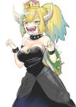  bare_shoulders black_dress blonde_hair bowsette bracelet breasts brooch collar collarbone commentary_request crown dress fujichika_koume hair_between_eyes highres horns jewelry large_breasts long_hair looking_at_viewer mario_(series) new_super_mario_bros._u_deluxe open_mouth ponytail simple_background spiked_bracelet spiked_collar spiked_shell spikes super_crown 